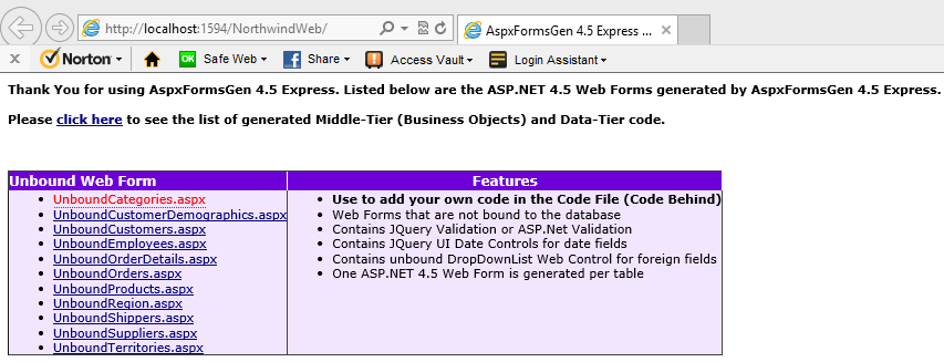Home page, list of generated ASP.NET Web Forms