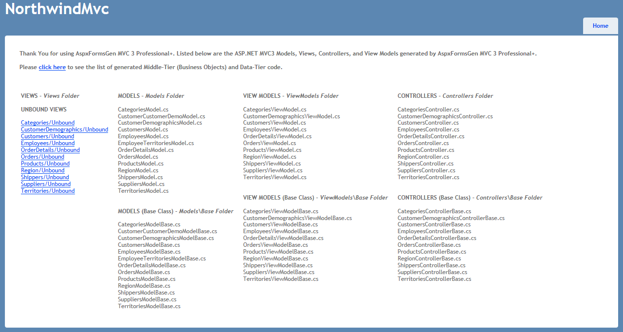 Home page, list of generated ASP.NET MVC Code