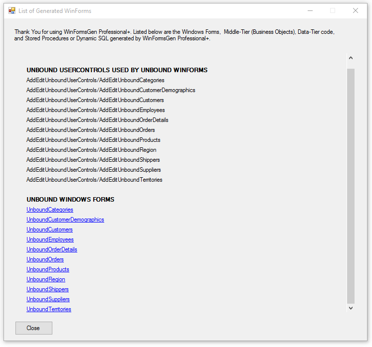 Default WinForm, list of generated WinForms